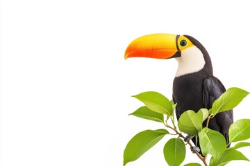 Vibrant toucan perched on lush green leaves against a clean white background, emphasizing nature's beauty