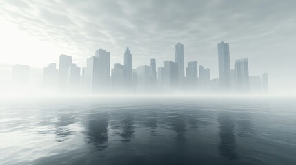 Urban skyline shrouded in smog, hazy atmosphere, 3D illustration. 