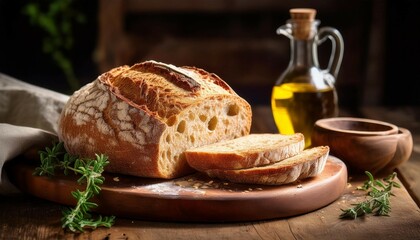 freshly baked artisan bread displayed on a wooden board accompanied by olive oil and herbs evoking a cozy rustic kitchen atmosphere