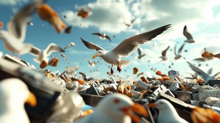 A massive landfill in 3D, filled with plastic waste and electronics, with toxic fumes rising and seagulls scavenging the area