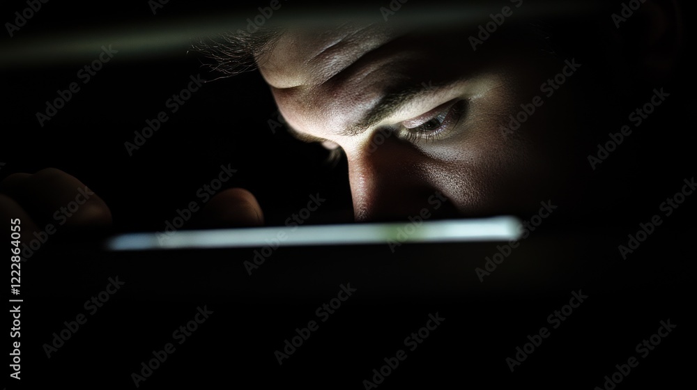 Aufkleber man intently using a glowing digital device at night