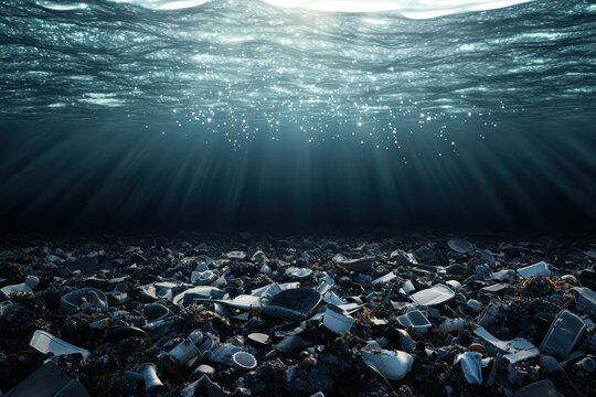 A polluted ocean in 3D with dead coral reefs, floating garbage, and glowing chemical spills under murky water