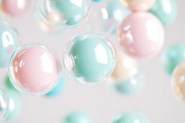 Fototapeta premium Delicate bubbles drift serenely in soft pastel colors of pink, blue, and green, set against a neutral backdrop. This serene display offers ample space for text and branding