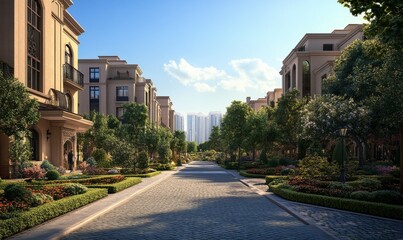 Obraz premium Modern apartment buildings with manicured landscaping and cobblestone street