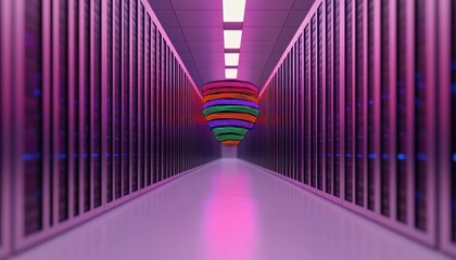 Futuristic data center corridor with colorful accents, featuring rows of servers and vibrant lighting, showcasing modern technology and digital innovation