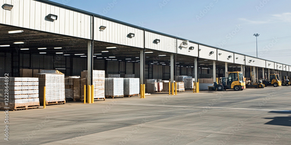 Poster Warehouse loading area with forklifts in operation