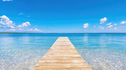 Obraz premium Tranquil wooden dock extending into serene turquoise lake under a vibrant blue sky