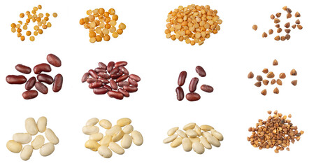 peas, beans, and buckwheat on a white background