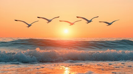 Naklejka premium Seagulls Soaring Over Sunset Ocean Waves