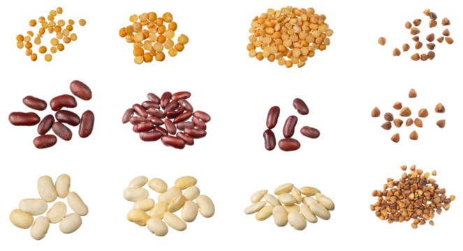 peas, beans, and buckwheat on a white background