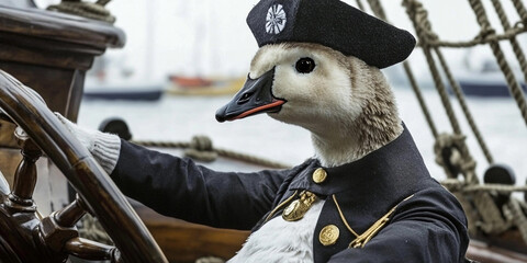Duck in sailor uniform steering a ship at sea