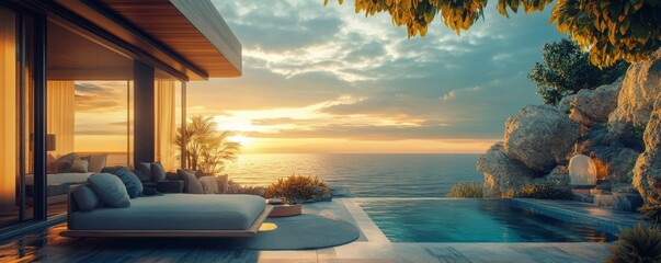 Fototapeta premium modern, cozy home with a pool and parking, depicted in a 3D rendering, is up for sale or rent in a luxurious oceanfront location