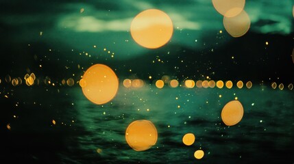 Golden Bokeh Lights Reflecting On Dark Water