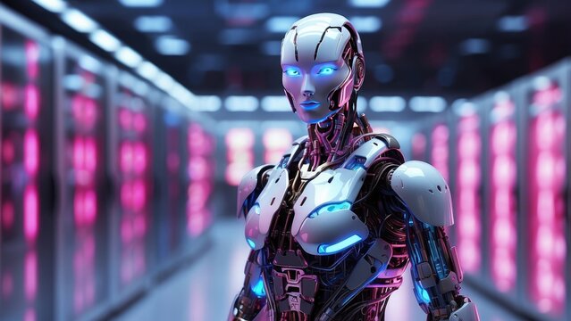 A futuristic robotic figure with a digital