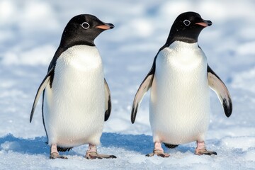 Obraz premium Two Penguins Standing on Icy Terrain Under a Clear Sky in Winter Wonderland
