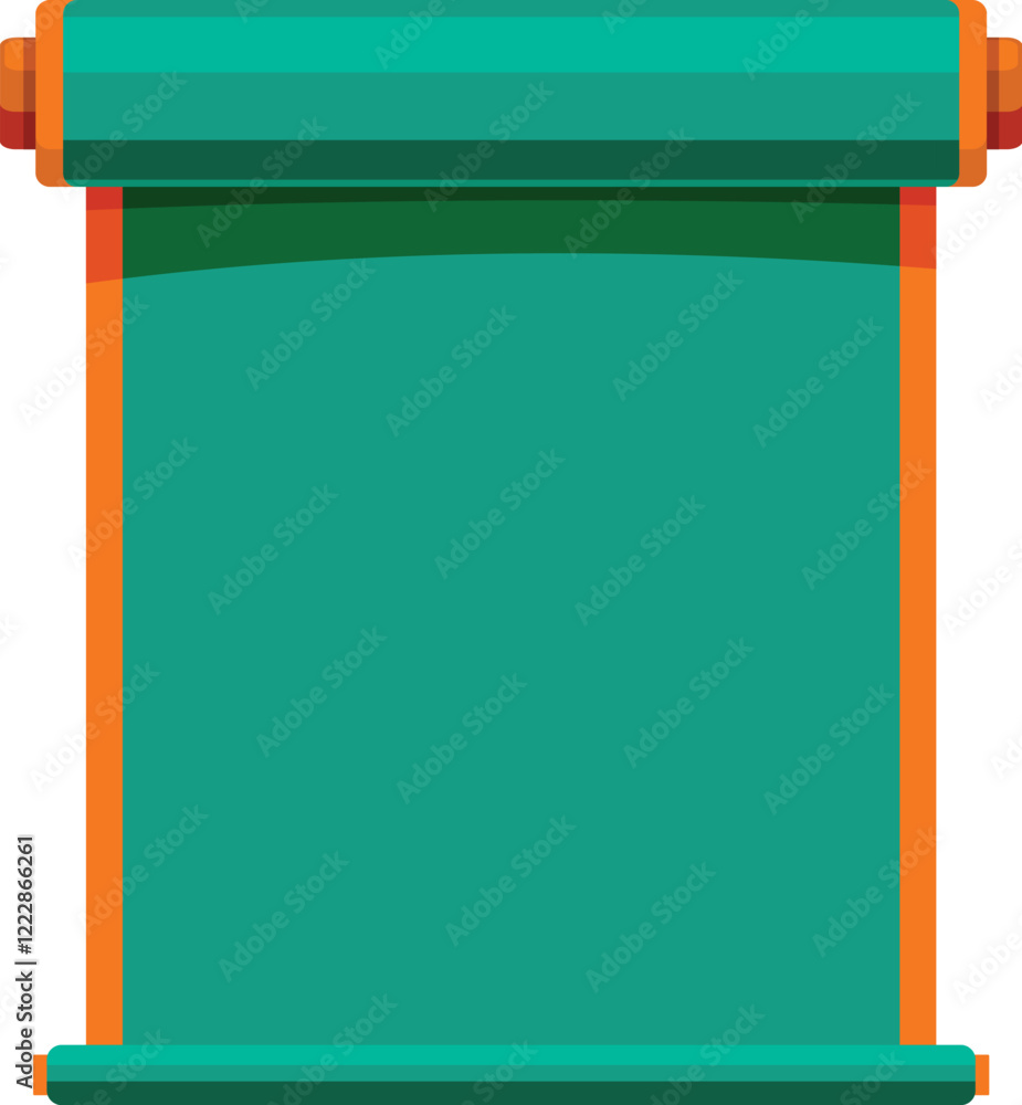 Poster green scroll with orange border unrolling, presenting empty space ready for customization