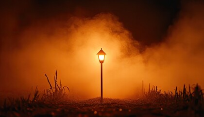 A solitary lamp illuminates a foggy field at night, creating a mysterious atmosphere