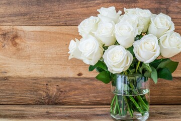 Elegant Bouquet of Fresh White Roses in a Glass Vase on a Rustic Wooden Table