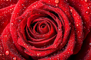 Close-up of a vibrant red rose with dew drops, showcasing intricate petals and natural beauty