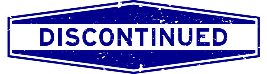 Grunge blue discontinued word hexagon rubber seal stamp on white background