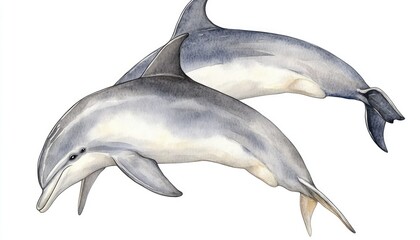 Fototapeta premium Two dolphins gracefully swimming side by side in a serene ocean setting, showcasing marine life beauty