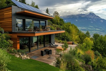 Obraz premium A contemporary mountain house featuring solar panels stands majestically, providing stunning views of a verdant valley and distant peaks, all under a soft, cloudy sky