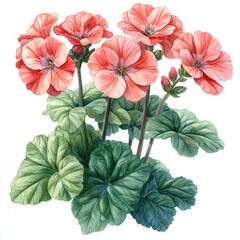 Vibrant pink geranium flowers blooming amidst lush green leaves in a serene garden setting