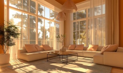 Fototapeta premium Modern living room interior design, concept using Pantone's 2025 colour of the year Mocha Mousse