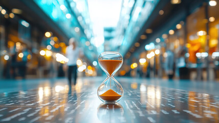 glass hourglass with orange sand in modern shopping mall