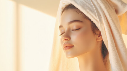 Fototapeta premium serene young woman with towel on her head, enjoying moment of relaxation and self care. soft lighting enhances her peaceful expression and glowing skin