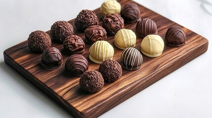 Naklejka premium A wooden board with various types of chocolate truffles arranged on it, ready to be served as an exquisite dessert or gift for special events like Valentine's Day or Mother's Day.