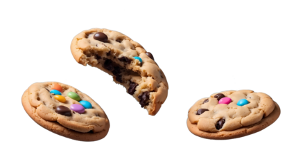 chocolate chip cookies isolated, floating 3 coffee cookies, handmade top with candy