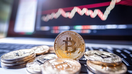 Digital currency coins on laptop with fluctuating market graphs