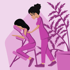 Manual massage. treatment by professional therapist in SPA. Chair Massage Therapy. Isolated flat vector illustration. Indian ethnicity.