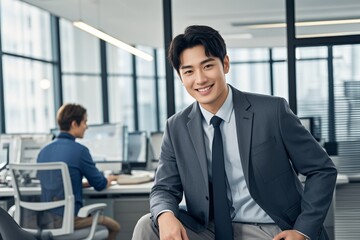Fototapeta premium smiling asian man in business suit sitting in an office
