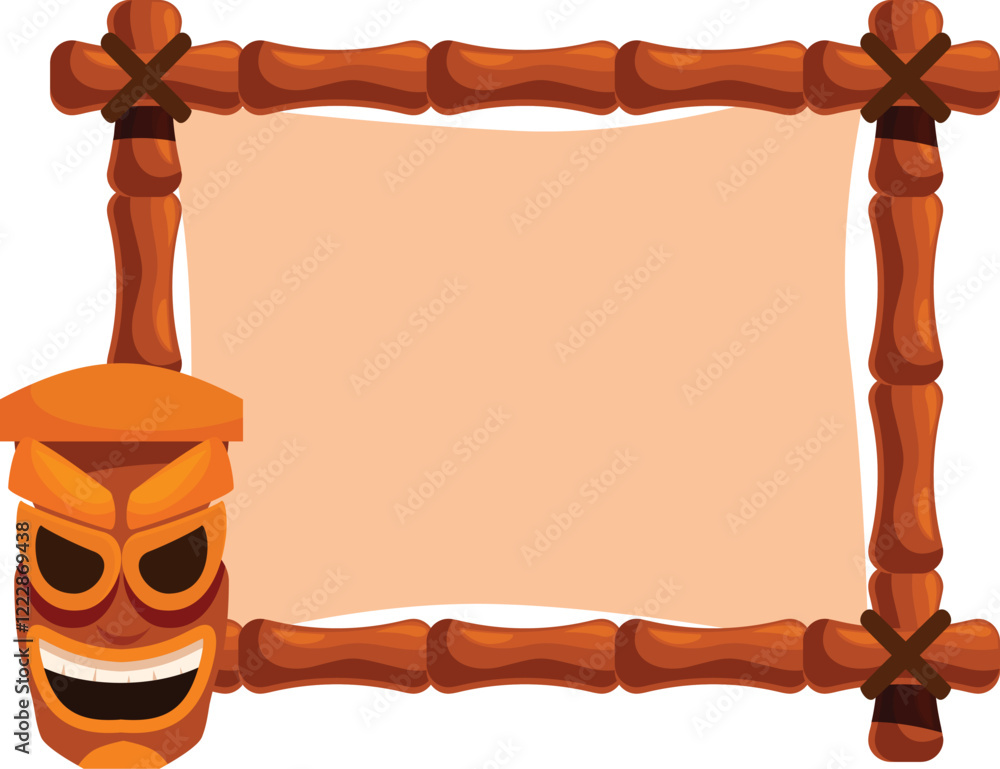 Poster bamboo frame with empty canvas and tiki mask representing tropical culture and summer vibes