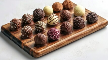 A wooden board with various types of chocolate truffles arranged on it, ready to be served as an exquisite dessert or gift for special events like Valentine's Day or Mother's Day.