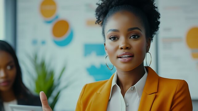 A professional setting featuring a Black woman discussing growth metrics with her team of diverse professionals