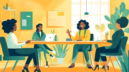Fototapeta premium A professional workspace where a Black woman leads a discussion around a table with a diverse group of employees