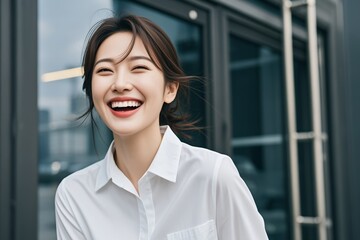 smiling woman in white shirt standing outside of a building