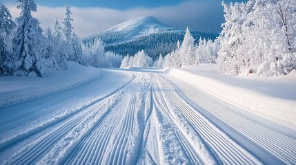 A snow-covered road leads through the forest, with tall trees covered in frost and mist rising from their branches.