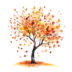 of a tree in autumn colors with falling leaves isolated on white background 