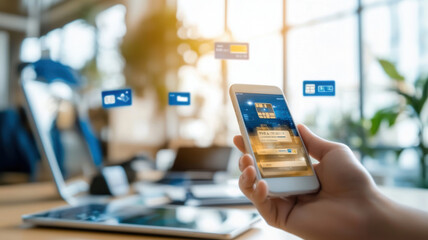 person using smartphone to access digital banking features in modern office environment