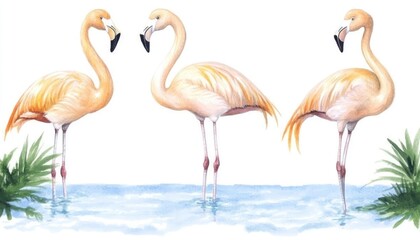 Obraz premium Three elegant flamingos standing gracefully in shallow water with lush greenery in the background