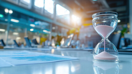 Time management concept with hourglass in office setting