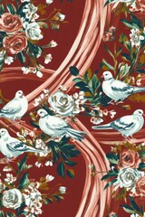 Elegant Red and White Floral Design with Birds for Chinese New Year Celebrations
