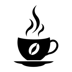 Coffee cup, steam rising, coffee bean, minimalist design, black and white, iconic logo, curved lines, stylized illustration, vector graphic, silhouette, hot beverage, caffeine symbol, simple elegance,