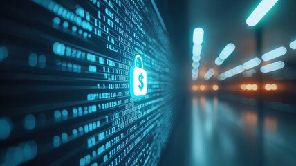 Digital security concept with glowing dollar sign lock