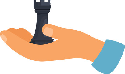 Hand holding a black rook chess piece, symbolizing strategy, planning, and decisive moves in business