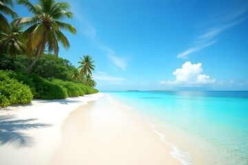 A tropical island beach with powdery white sand and lush vegetation at the edges.